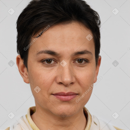 Joyful white young-adult female with short  brown hair and brown eyes