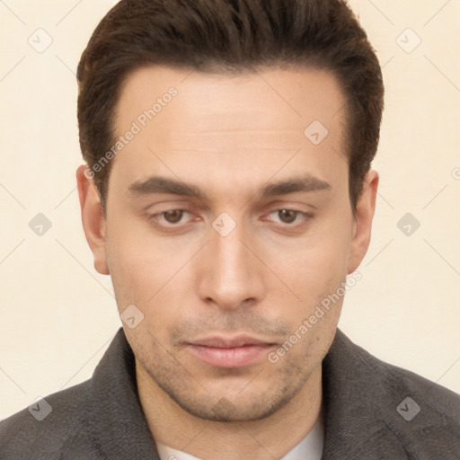 Neutral white young-adult male with short  brown hair and brown eyes