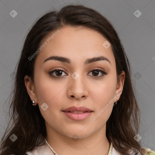 Neutral white young-adult female with medium  brown hair and brown eyes