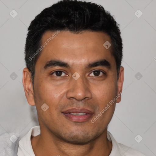 Joyful latino young-adult male with short  black hair and brown eyes