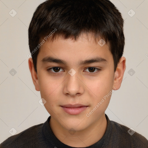 Joyful white child male with short  brown hair and brown eyes