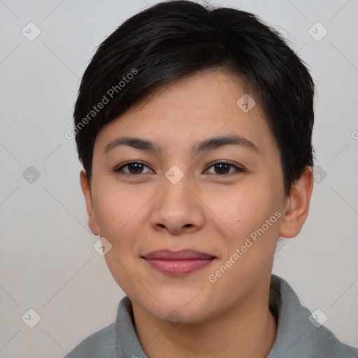 Joyful asian young-adult female with short  brown hair and brown eyes