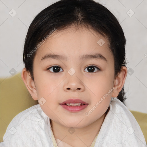 Joyful white child female with medium  brown hair and brown eyes