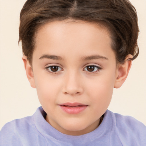 Joyful white child female with short  brown hair and brown eyes