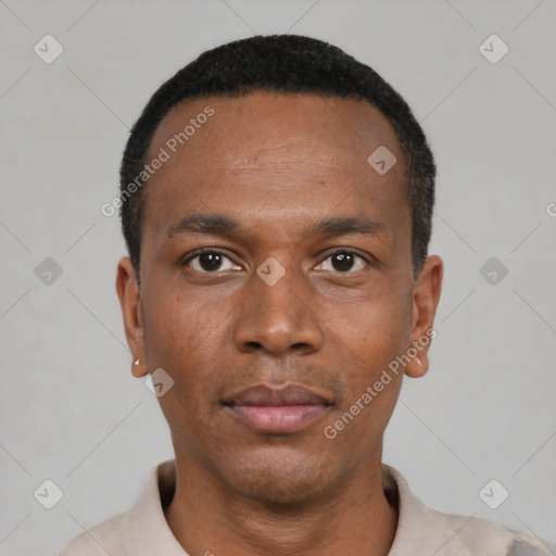 Neutral black young-adult male with short  black hair and brown eyes