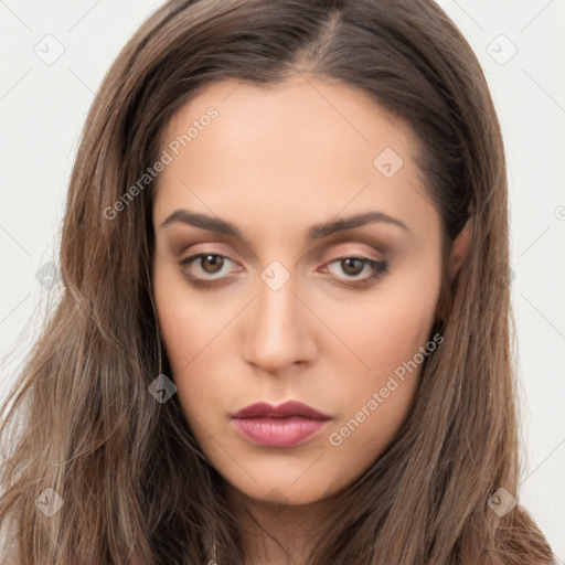 Neutral white young-adult female with long  brown hair and brown eyes