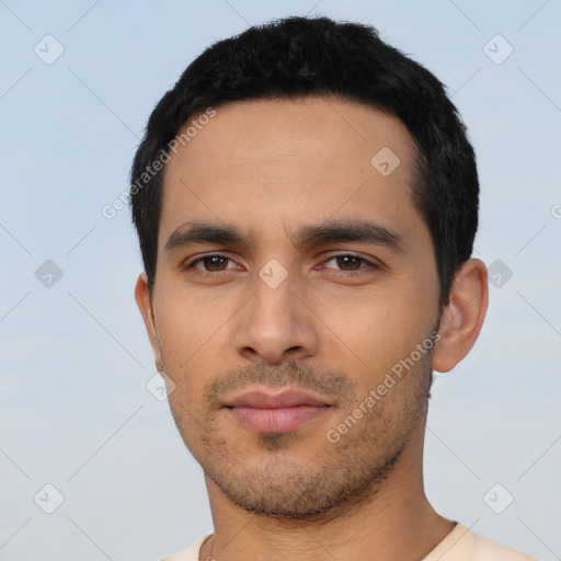 Neutral asian young-adult male with short  black hair and brown eyes