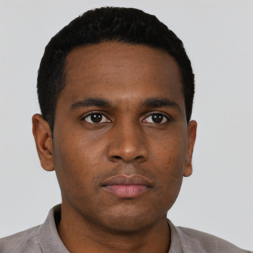 Neutral black young-adult male with short  black hair and brown eyes