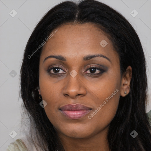 Joyful latino young-adult female with long  black hair and brown eyes