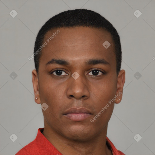 Neutral black young-adult male with short  black hair and brown eyes