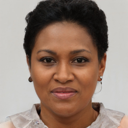 Joyful black young-adult female with short  black hair and brown eyes