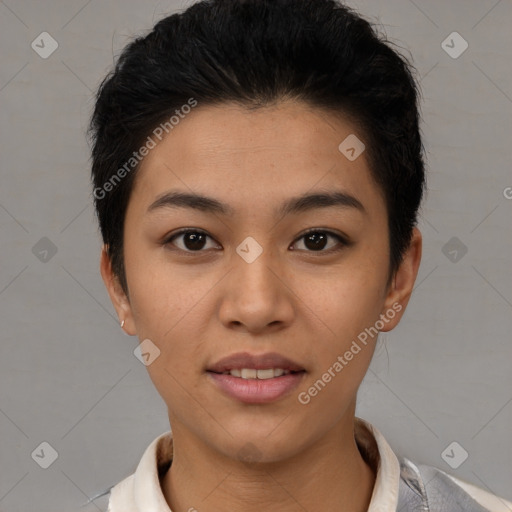 Joyful latino young-adult female with short  brown hair and brown eyes