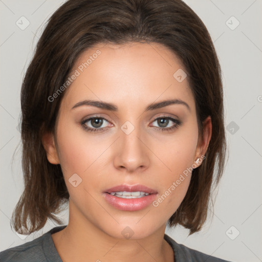 Neutral white young-adult female with medium  brown hair and brown eyes