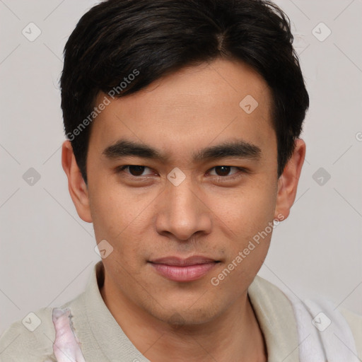 Joyful white young-adult male with short  black hair and brown eyes