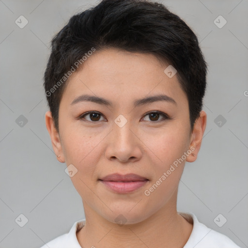 Joyful asian young-adult female with short  brown hair and brown eyes