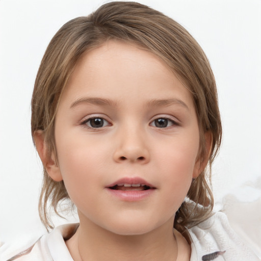 Neutral white child female with medium  brown hair and grey eyes