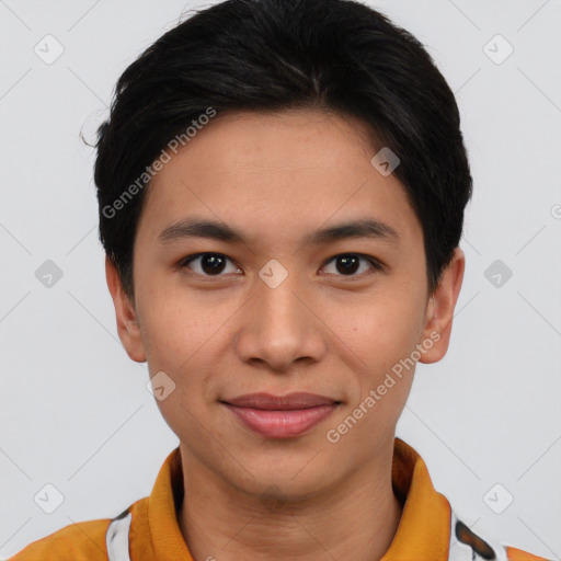 Joyful asian young-adult female with short  black hair and brown eyes