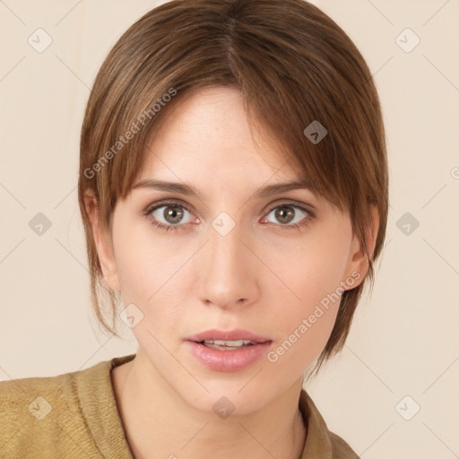 Neutral white young-adult female with medium  brown hair and brown eyes