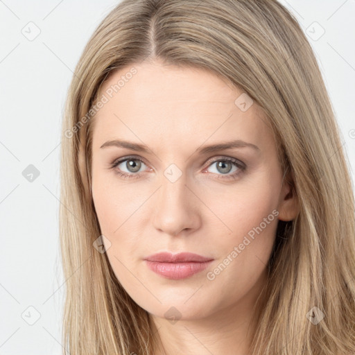 Neutral white young-adult female with long  brown hair and grey eyes