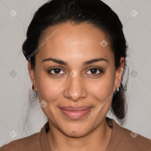 Joyful latino young-adult female with medium  brown hair and brown eyes