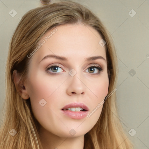 Neutral white young-adult female with long  brown hair and brown eyes