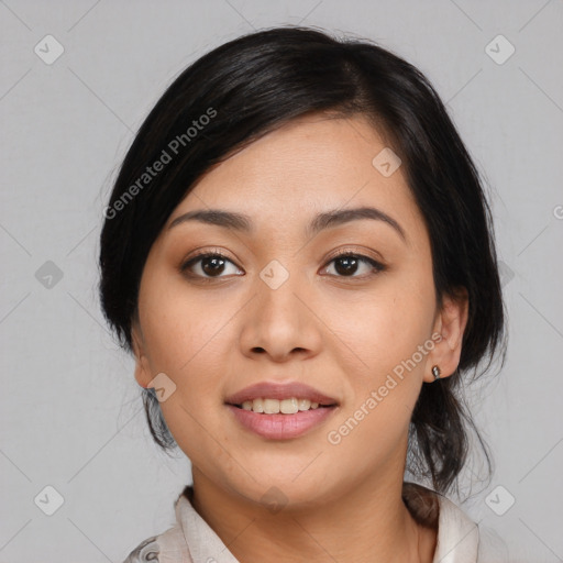 Joyful asian young-adult female with medium  black hair and brown eyes