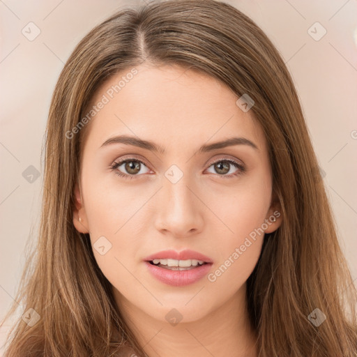 Neutral white young-adult female with long  brown hair and brown eyes