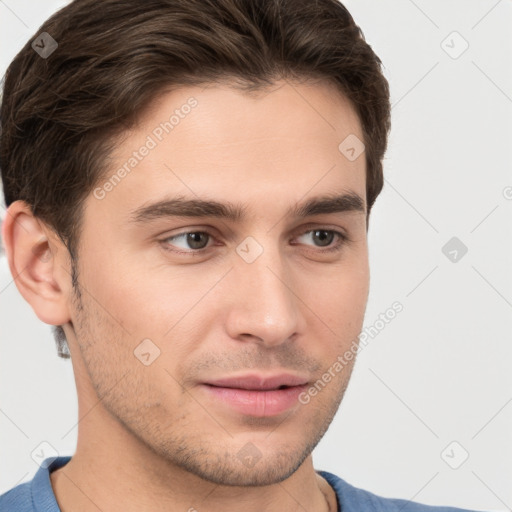 Neutral white young-adult male with short  brown hair and brown eyes