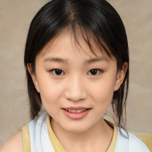 Joyful white child female with medium  brown hair and brown eyes