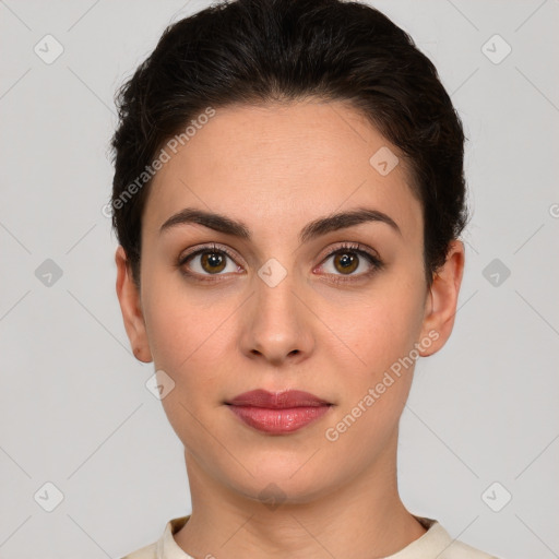 Neutral white young-adult female with short  brown hair and brown eyes