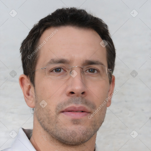 Neutral white adult male with short  brown hair and brown eyes