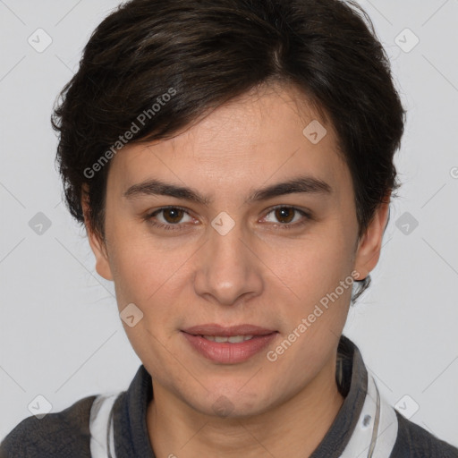 Joyful white young-adult female with medium  brown hair and brown eyes