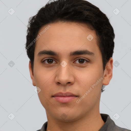 Neutral latino young-adult male with short  black hair and brown eyes