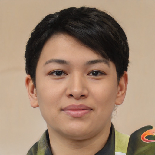 Joyful asian young-adult female with short  brown hair and brown eyes