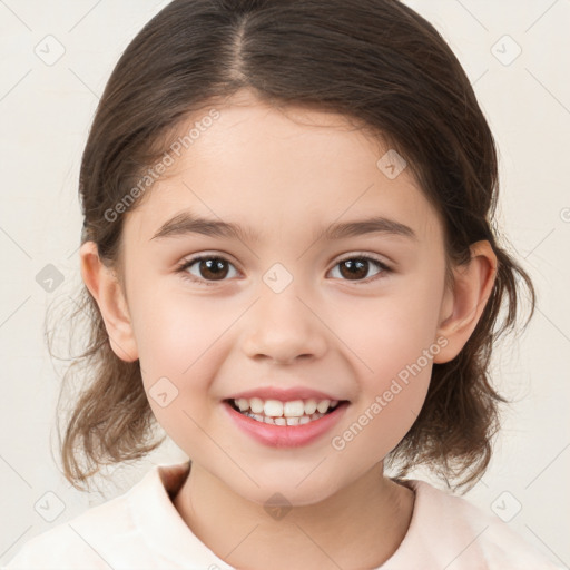 Joyful white child female with medium  brown hair and brown eyes