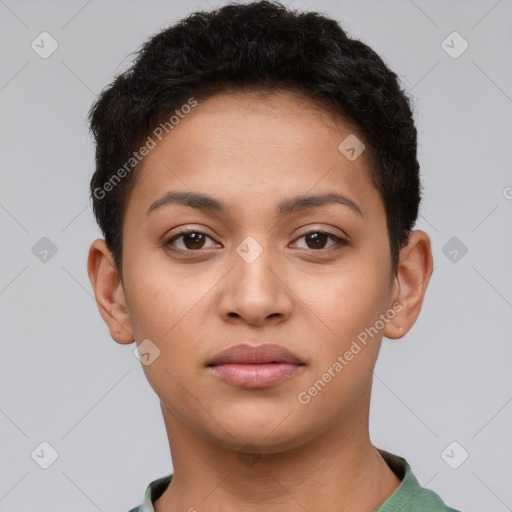 Joyful latino young-adult female with short  brown hair and brown eyes