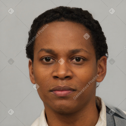 Neutral black young-adult female with short  black hair and brown eyes