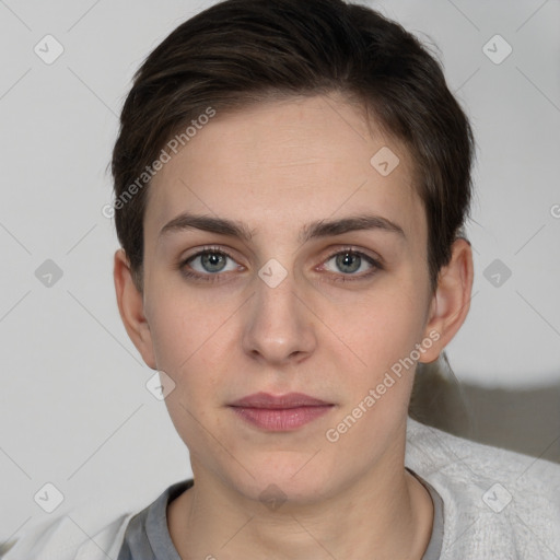 Neutral white young-adult female with short  brown hair and brown eyes