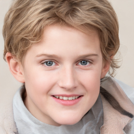 Joyful white child female with medium  brown hair and blue eyes