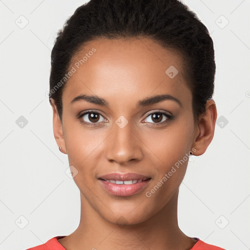 Joyful latino young-adult female with short  brown hair and brown eyes