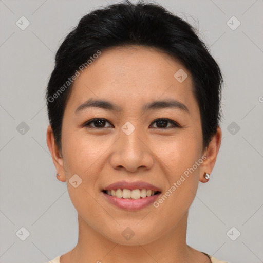 Joyful asian young-adult female with short  brown hair and brown eyes