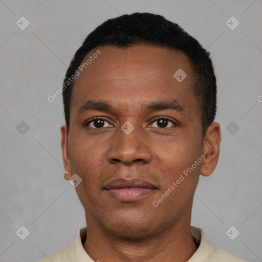 Neutral latino young-adult male with short  black hair and brown eyes
