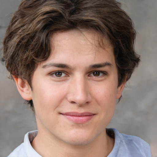 Joyful white young-adult male with medium  brown hair and brown eyes