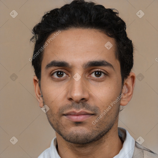 Neutral latino young-adult male with short  black hair and brown eyes