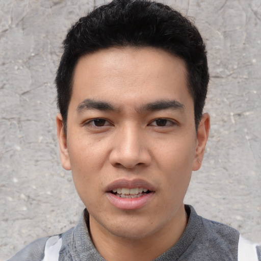 Joyful asian young-adult male with short  black hair and brown eyes