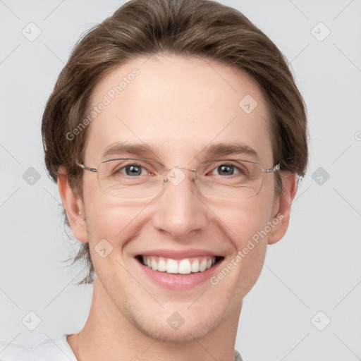 Joyful white adult female with short  brown hair and grey eyes