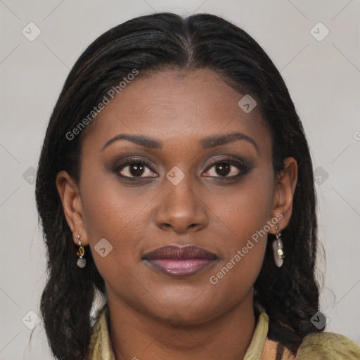 Joyful black young-adult female with medium  brown hair and brown eyes