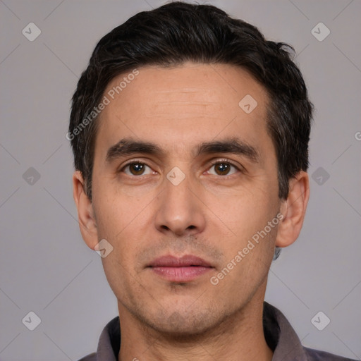 Neutral white adult male with short  black hair and brown eyes