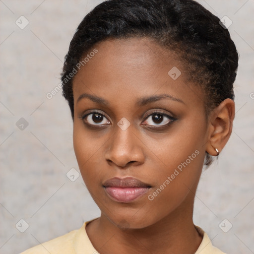 Neutral black young-adult female with short  brown hair and brown eyes