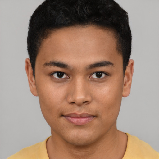 Neutral latino young-adult male with short  brown hair and brown eyes